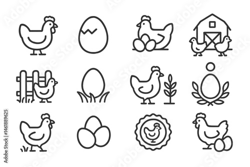 Vector illustration icons featuring chickens, eggs, and farm elements for rustic design themes