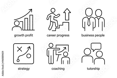 Business growth and career development vector icons depicting strategy, coaching, and professional relationships