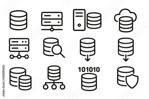 Vector illustration icons depicting various database concepts for technology and data management