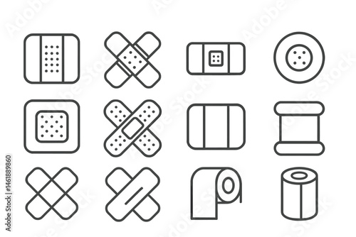 Various vector illustration icons of adhesive bandages, gauze rolls, and medical supplies displayed in a grid format