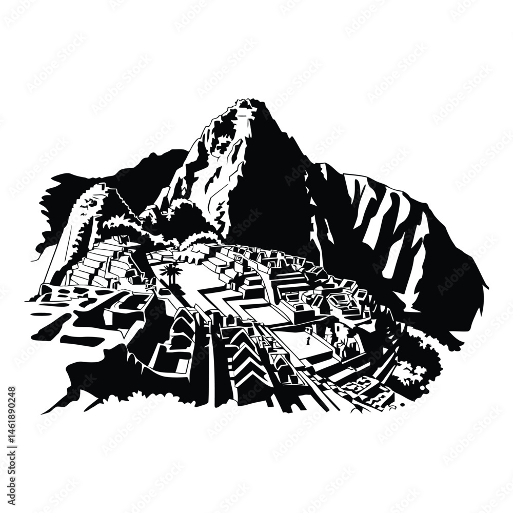 Fototapeta premium Machu Picchu terraces Silhouette, Vector, Illustration, Icon, Logo, White Background.