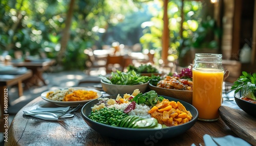 Wallpaper Mural Detox and wellness retreat ad with colorful organic meals, aesthetically plated, sunlight and tropical decor, mindful eating and relaxation theme, highquality lifestyle imagery Torontodigital.ca