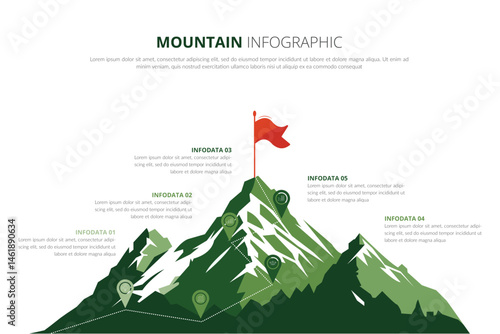 Mountain climbing route to peak. Business journey path in progress to success vector concept. Mountain peak, climbing route to top rock illustration