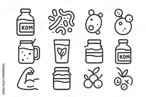 Vector illustration of various health drink icons representing fermentation, probiotics, and wellness products for nutritious lifestyles