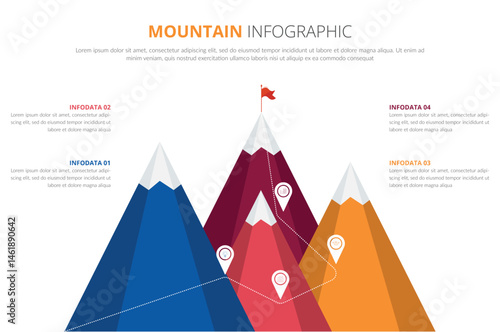 route to success. leadership and motivation. business and finance concept. isolated on white background. vector illustration flat design. mountain infographic 5 element with red flag on top. 