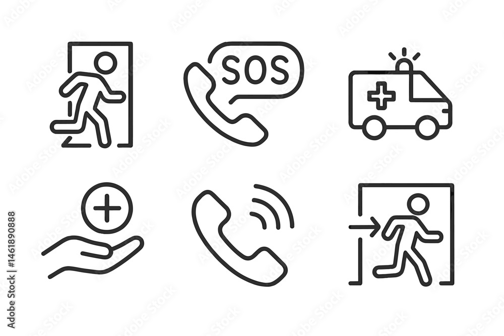 Emergency response vector icons illustrating rescue communication and health assistance actions in a clear and modern design Emergency response vector icons illustrating rescue communication and health assistance actions in a clear and modern design