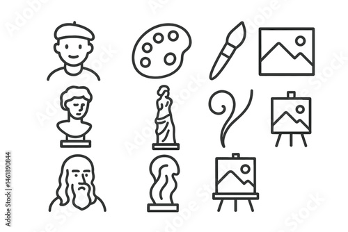 Vector illustration of various art icons featuring a painter, palette, and classical sculptures representing creativity and artistic expression