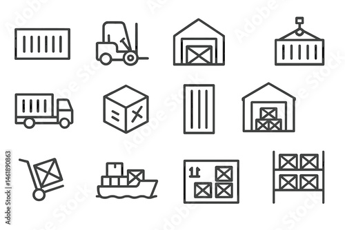 Logistics and shipping vector icons representing various transportation and storage activities in a warehouse setting