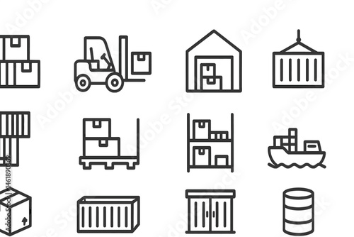 Vector illustration icons of warehouse activities and logistics equipment for storage solutions and transportation