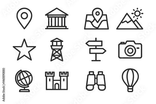 Vector illustration featuring travel icons including landmarks, navigation symbols, and outdoor elements for tourism