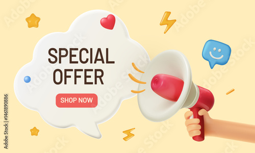 3D megaphone held by hand with speech bubble and emoji on yellow background, symbolizing announcement and communication.