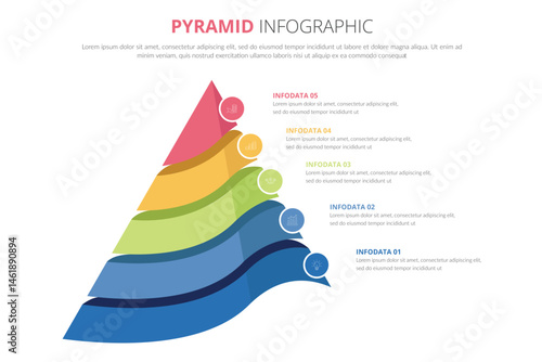 Pyramid divided into 5 parts or layers and place for text. Concept of five levels or stages of business development. Modern infographic design template. Vector illustration for presentation, report.