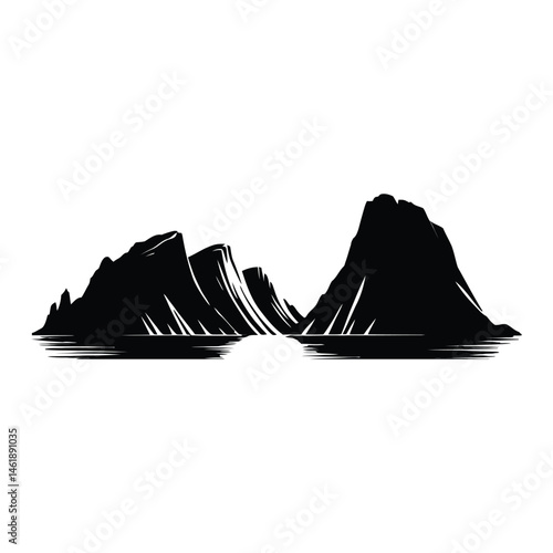 Norwegian fjord cliffs Silhouette, Vector, Illustration, Icon, Logo, White Background.