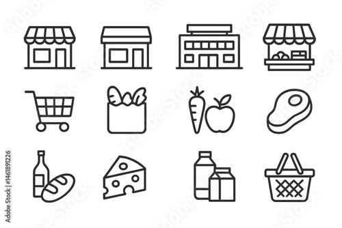 Vector illustration of various grocery items and store icons representing shopping and food essentials in a minimalist style