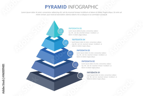 A pyramid-shaped modern timeline infographic template divided into five parts. Vector business template for presentations. Suitable for brochures, workflows, annual reports, charts, layouts