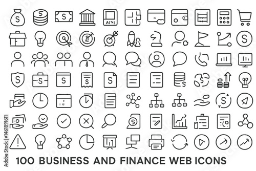 Collection of vector illustration icons depicting various business and finance concepts for web design and graphic projects