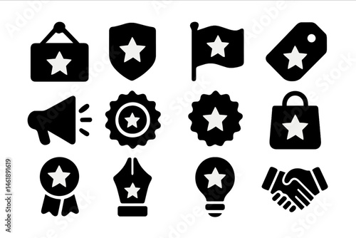 Vector illustration of various award and recognition icons representing achievements and accolades in black and white style