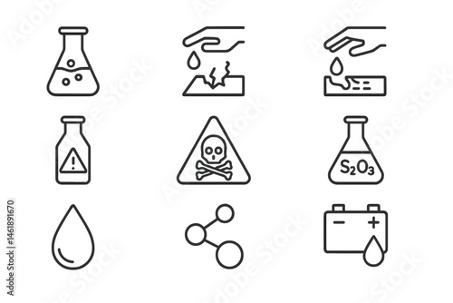 Vector illustration icons depicting laboratory equipment, chemicals, and hazardous materials in a minimalist style