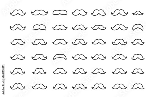Collection of simple vector illustrations of mustaches in various styles arranged in a grid pattern for design use and creative projects