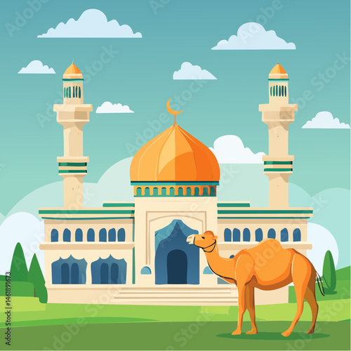 A majestic camel standing in front of a grand mosque, with intricate architectural details and a clear blue sky, representing the significance of Hajj and Eid al-Adha