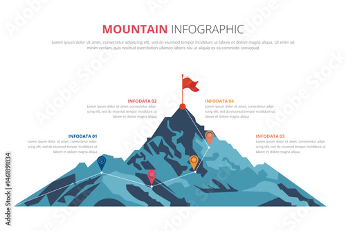 Abstract mountain with flag and with a route to the top. Infographics with nine steps to success. Low poly wireframe vector illustration. Way to the goal in digital futuristic style.