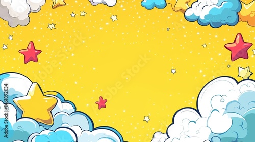 Yellow background with stars and clouds in pop art retro comic style. 6