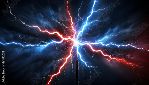Intense clash of red and blue lightning over fractured rock—ideal for tech, energy, gaming, or power-themed visuals needing epic, electrifying impact and dynamic visual storytelling