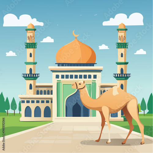 A majestic camel standing in front of a grand mosque, with intricate architectural details and a clear blue sky, representing the significance of Hajj and Eid al-Adha