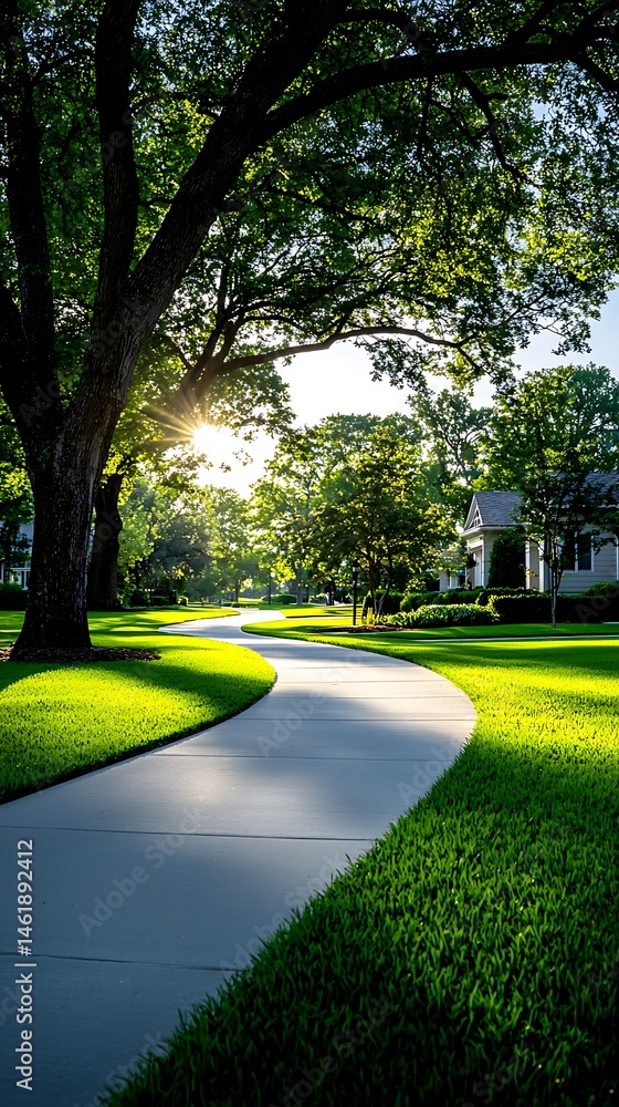 Fototapeta premium Winding path through a sunny neighborhood, lush green lawns and trees