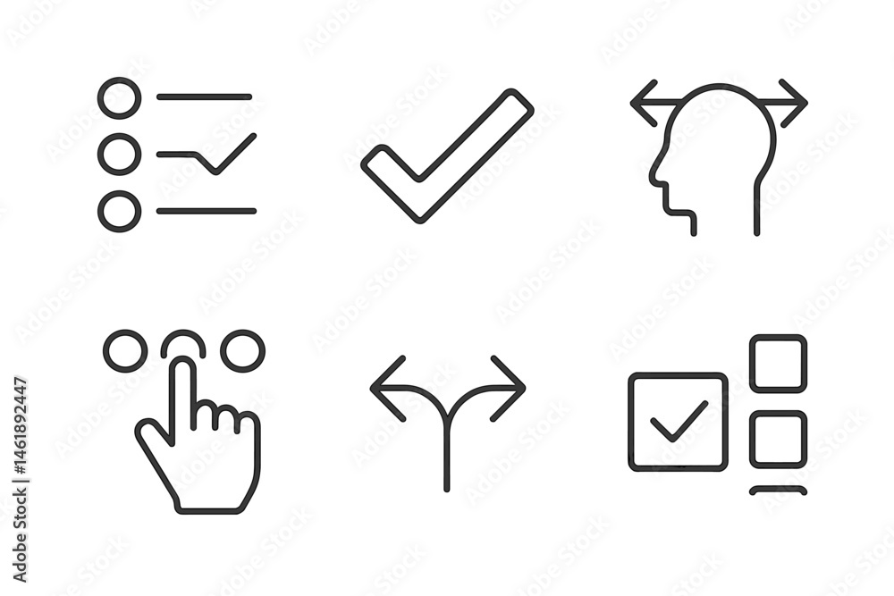 Vector illustration icons depicting various check marks and decision-making processes in a minimalistic style Vector illustration icons depicting various check marks and decision-making processes in a minimalistic style