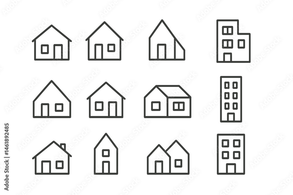 Variety of vector illustrations depicting different house designs in a clean, minimalist style for graphic projects and presentations Variety of vector illustrations depicting different house designs in a clean, minimalist style for graphic projects and presentations
