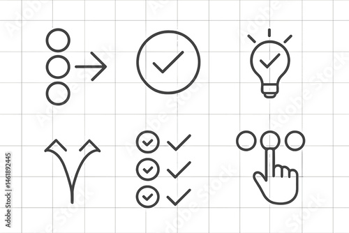 Vector illustration of various icons representing tasks, decisions, and ideas in a simple design, suitable for presentations and digital content