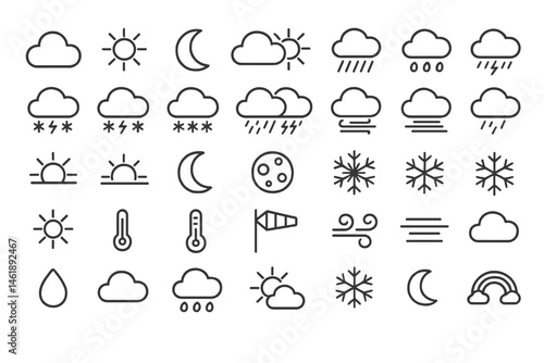Weather icons collection featuring various conditions like sunshine, rain, snow, and clouds for versatile visual representation