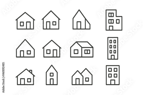Variety of vector illustrations depicting different house designs in a clean, minimalist style for graphic projects and presentations