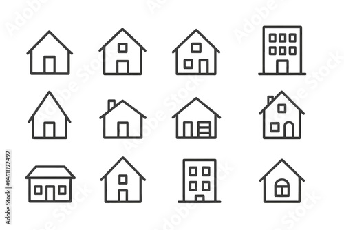 Collection of simple vector icons showcasing different house styles and building designs in a minimalist layout