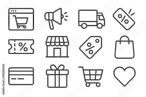 Vector illustration icons representing shopping activities, promotions, and e-commerce elements for online retail
