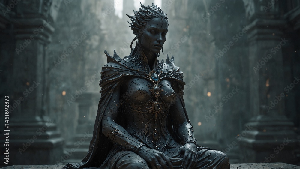 A statue of Freiora, limbs encased in sacred dust, crystallizing lost time A statue of Freiora, limbs encased in sacred dust, crystallizing lost time