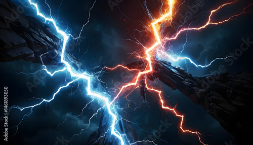 Intense clash of red and blue lightning over fractured rock—ideal for tech, energy, gaming, or power-themed visuals needing epic, electrifying impact and dynamic visual storytelling