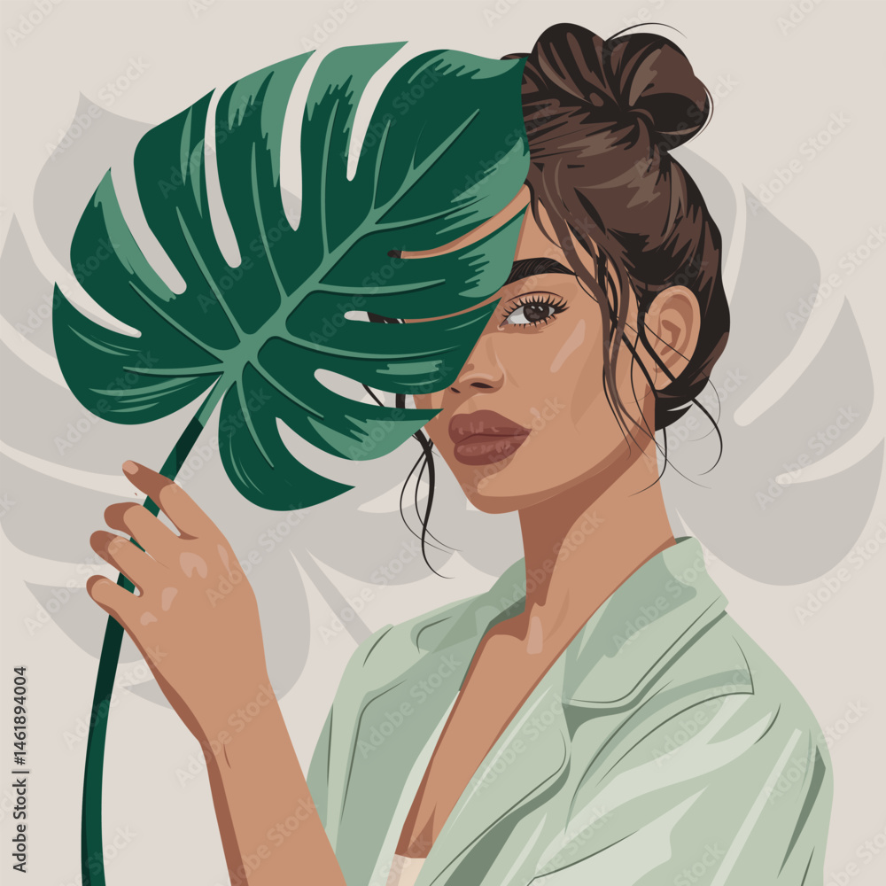 Vector portrait of young woman with monstera leaf. Fashionable illustration in minimal style. Tropical, botanical and natural vibes for beauty, skincare and lifestyle themes.