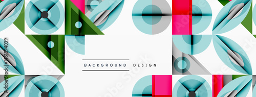 Abstract geometric pattern. Overlapping shapes create modern, colorful design. Minimalist style with light blue, pink, green accents.