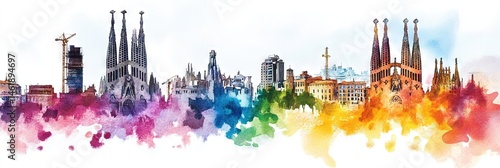 watercolor barcelona spain downtown skyline 