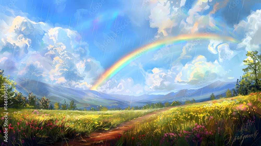 Naklejka premium Rainbow After Storm: A vibrant rainbow arching across the sky after a rainstorm.