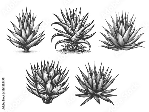 Agave Plant Set collection bundle sketch engraving generative ai vector illustration. Scratch board imitation. Black and white image.