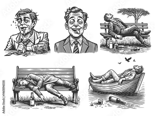 Drunk intoxicated men in exaggerated states of drunkenness on benches, at bars, and in a rowboat Set collection bundle sketch engraving generative ai vector illustration. Black and white image.