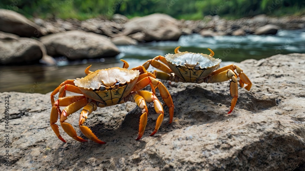Small river crabs walk on rocks located on the river bank Small river crabs walk on rocks located on the river bank