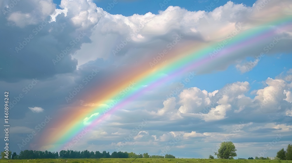 Naklejka premium Rainbow After Storm: A vibrant rainbow arching across the sky after a rainstorm. 