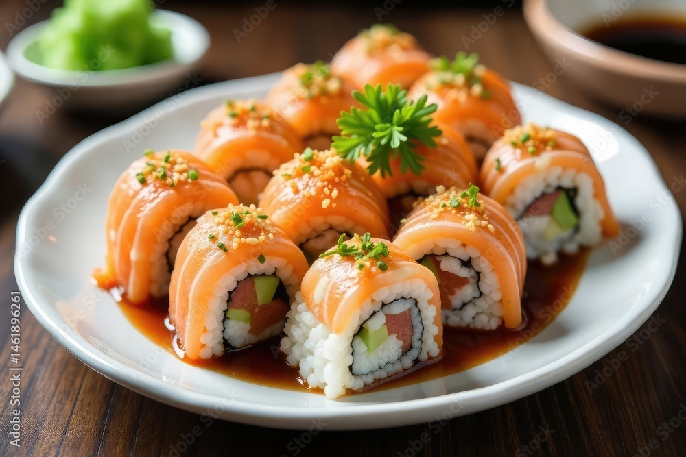 Variety of sushi rolls on white plate, soy sauce, wasabi, ginger, maki, soy sauce Variety of sushi rolls on white plate, soy sauce, wasabi, ginger, maki, soy sauce