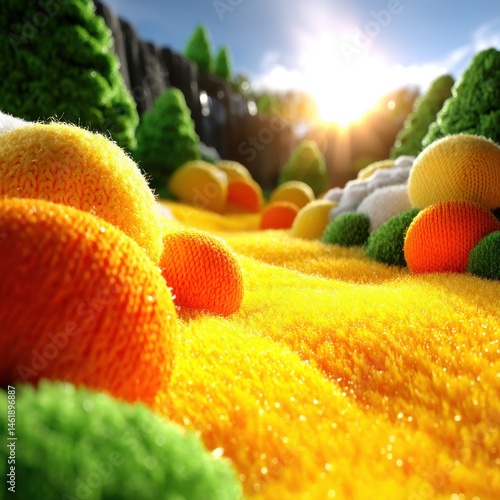 Abstract knitted spheres in a textured yellow landscape with green trees and bright sun