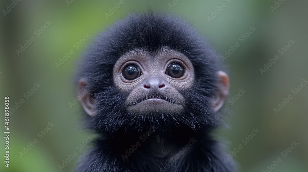 Fototapeta premium Close-up of a small, black monkey with large eyes. Its fur is soft and fluffy. A focused, attentive gaze. A jungle backdrop