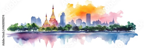 watercolor yangon, myanmar downtown skyline -